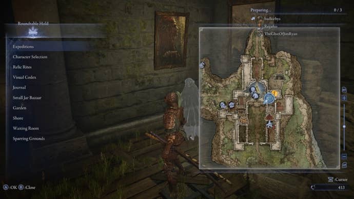 The Executor looks at a map of the Hold in Elden Ring: Nightreign, where an exclamation mark in the east wing can be seen