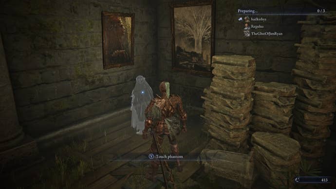 The Executor interacts with a ghost in the east wing of the Hold in Elden Ring: Nightreign