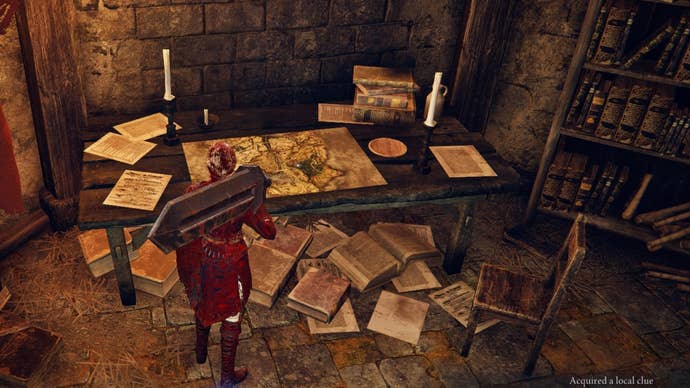 The Duchess looks at a map inside of a castle where a local clue can be acquired in Elden Ring: Nightreign