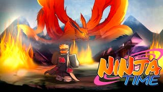Artwork for the Roblox game Ninja Time, showing a Naruto-inspired character standing by a huge fox-like creature with many tails.