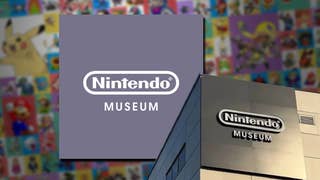 The Nintendo Museum logo, and the corner of the office buildig, overlaid above the Nintendo mural of many different Nintendo characters in the mural within the museum.