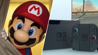 Mario creepily peeking round a curtain next to the Nintendo Switch 2.