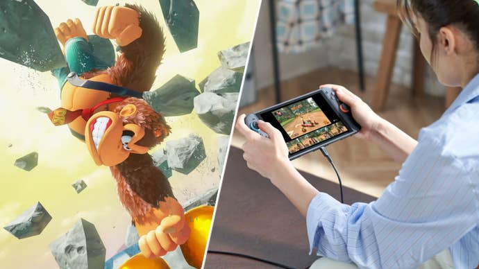 A Nintendo Switch 2 in someone's hands opposite Donkey Kong smashing rocks.