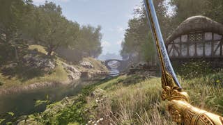 A sword-wielding warrior walking through the countryside in Oblivion Remastered.