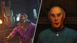 A character from Oblivion Remastered's Mages Guild opposite Sheogorath holding a staff.