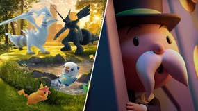 The Monopoly Man making a poggers face in Monopoly Go opposite some Pokemon in Pokemon Go.