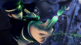 Raidou Kuzunoha - dressed in 1920s Japanese detecitve style - pops a green test-tube looking thing into the camera, agaisnt a background of blue tinted demons