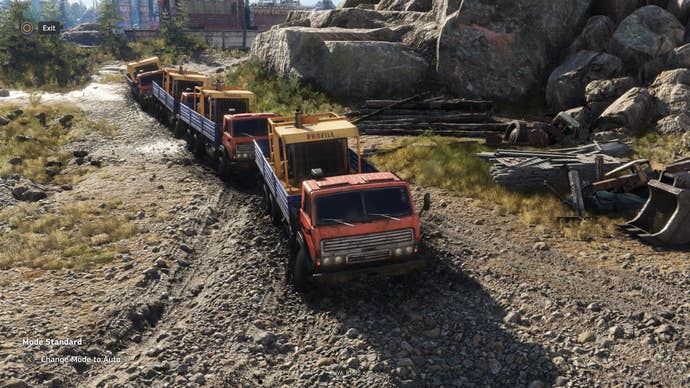 A bunch of AI-driven trucks in RoadCraft.