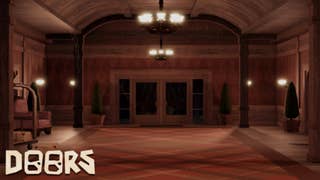 An empty hotel lobby with a large double door at the end of it in the Roblox horror game Doors.