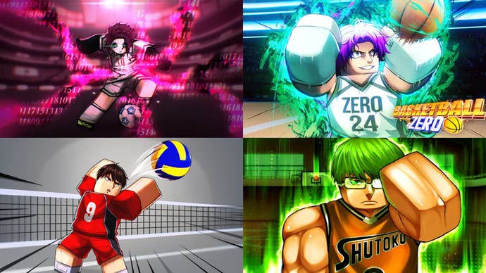 Artwork for Roblox games that are like Blue Lock Rivals. The games featured are Basketball Showdown, Basketball Zero, Volleyball Legends and Azure Latch.