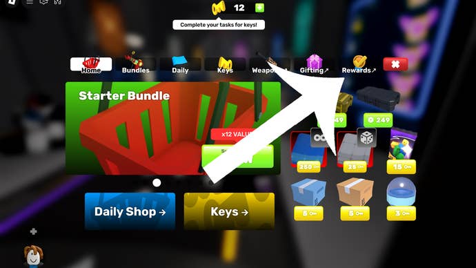 Arrow pointing at the Rewards button in the Roblox game Rivals.