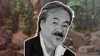 Sakaguchi, in profile and black and white, over a blurred background from Fantasian