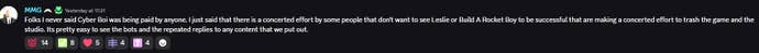 Mark Gerhard saying things about MindsEye's negative reception on Discord.