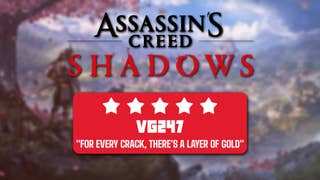 5* review header banner for Assassin's Creed Shadows that reads: "for every crack, there's a layer of gold".