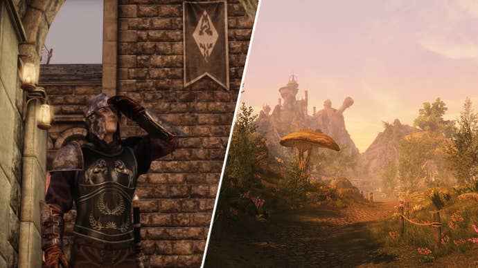 A dark elf adventurer looking into the distance in Skyrim mod Skywind, alongside the landscape of the mod's Morrowind.