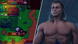 A Stardew Valley character chatting to Astarion in Baldur's Village, alongside Halsin in Baldur's Gate 3.