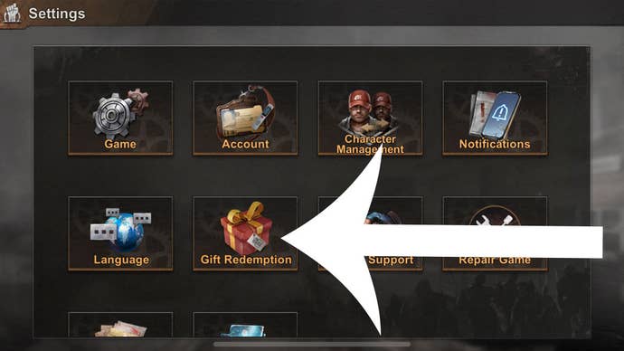 In-game screenshot of mobile game State of Survival showing a menu screen with an arrow pointing at a button players need to press to redeem a code.
