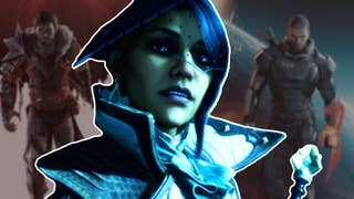 A character from Dragon Age Veilguard over the top of two blurred images featuring Mass Effect 3 and Dragon Age 2.