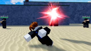 A Roblox character punching an enemy and sending them flying into the air in the action RPG Verse Piece.