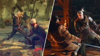 Geralt battering some lads in The Witcher 3 opposite Geralt battling some lads in The Witcher.