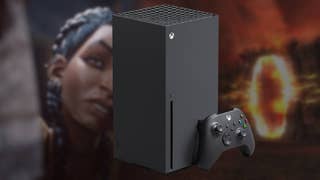 Split image of a black woman holding up paper in South of Midnight, and a firey portal/Oblivion Gate in Oblivion, with an Xbox Series X over the top.