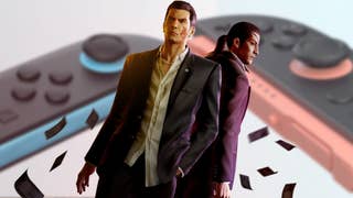 Majima and Kiryu from Yakuza 0 stand in front of a blurred pair of Switch 2 controllers.